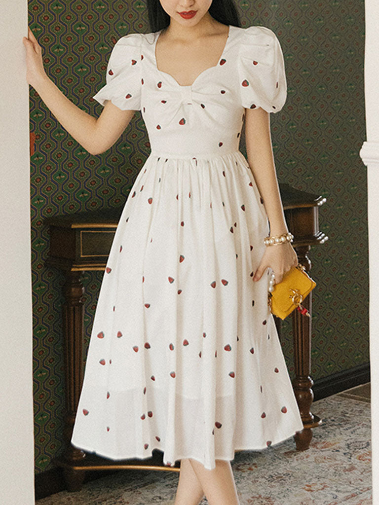 White Strawberry Bow Sweet Heart Collar Puff Sleeve 1950S Dress – Jolly ...