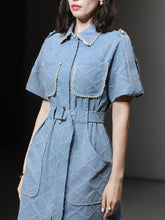 Load image into Gallery viewer, Light Blue Beaded Denim Shirt Mini Dress With Pockets