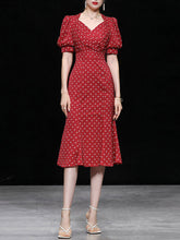 Load image into Gallery viewer, Red V Neck Lantern Sleeves Elegant Jacquard Sweet Heart Fishtail Dress