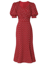 Load image into Gallery viewer, Red V Neck Lantern Sleeves Elegant Jacquard Sweet Heart Fishtail Dress