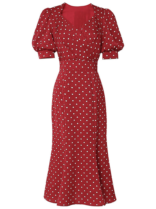 Red V Neck Lantern Sleeves Elegant Jacquard Sweet Heart Fishtail Dress