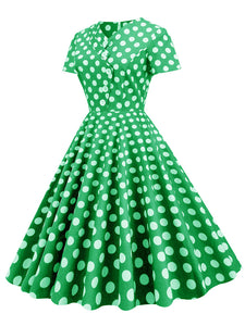 Polka Dots V Neck 1950S Dress With Pockets