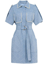 Load image into Gallery viewer, Light Blue Beaded Denim Shirt Mini Dress With Pockets