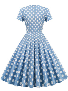 Polka Dots V Neck 1950S Dress With Pockets