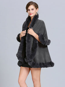 Faux Fur Coat Women Plaid Poncho Long Sleeve Batwing Oversized Cape Coat 