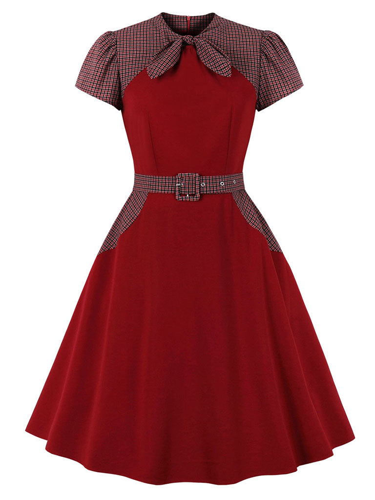 Wine Red Bow Plaid 1950S Vintage Dress With Pockets