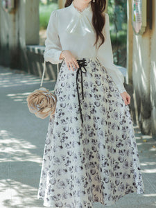 3PS White Long Sleeve Ruffles Victoria Scarf Collar Shirt With Cottagecore Floral Print Vest And Skirt Suits