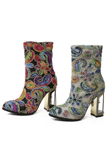 10CM Luxury Embroidered Chunky High Heel Platform Bootie Vintage Shoes