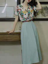 Load image into Gallery viewer, 2PS Blue Flowers Print Shirt And Swing Skirt Dress Set