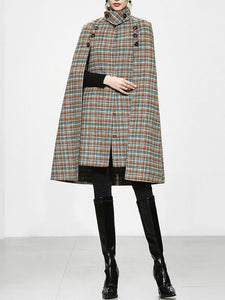 Sweet Brown Plaid Long Sleeve Dress Cape Women's Coat