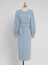 Load image into Gallery viewer, Baby Blue Pearl Inlaid Diamante Flower Long Sleeve Corduroy 1940S Dress