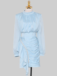 Blue Lantern Long Sleeve Crinkled Bodycon Satin Party Dress
