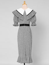 Load image into Gallery viewer, Black And White Plaid Mermaid Dress With Large Lapel Puff Sleeves