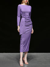 Load image into Gallery viewer, Electric Violet Crew Collar Long Sleeve Sequins Pleated Knitted Sweater Dress
