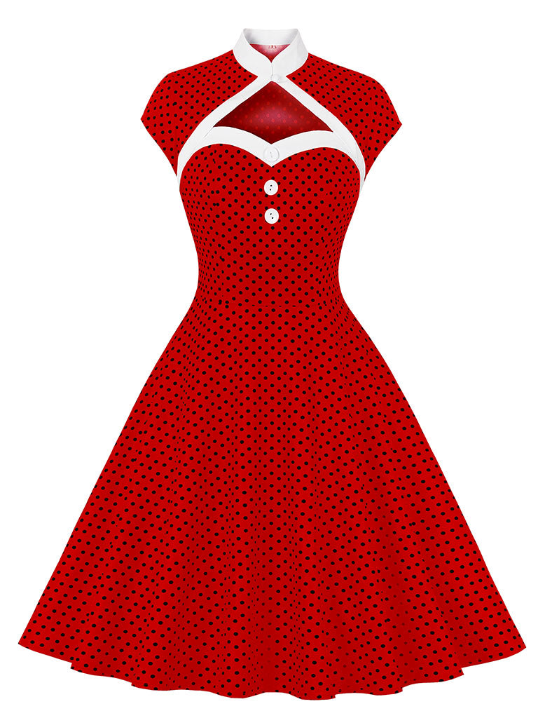 Red Polka Dots Fake Two Piece Shawl 1950S Swing Dress