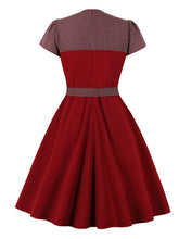 Load image into Gallery viewer, Wine Red Bow Plaid 1950S Vintage Dress With Pockets