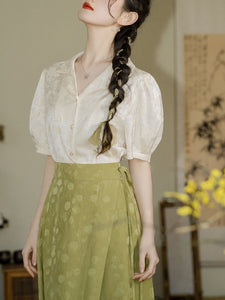 2PS Green Turn Down Collar Flower Embroidered Shirt And Swing Skirt Dress Set