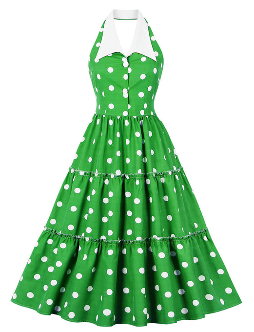 Green Polka Dots Halter Elastic Back High Waist 1950 Vintage Dress