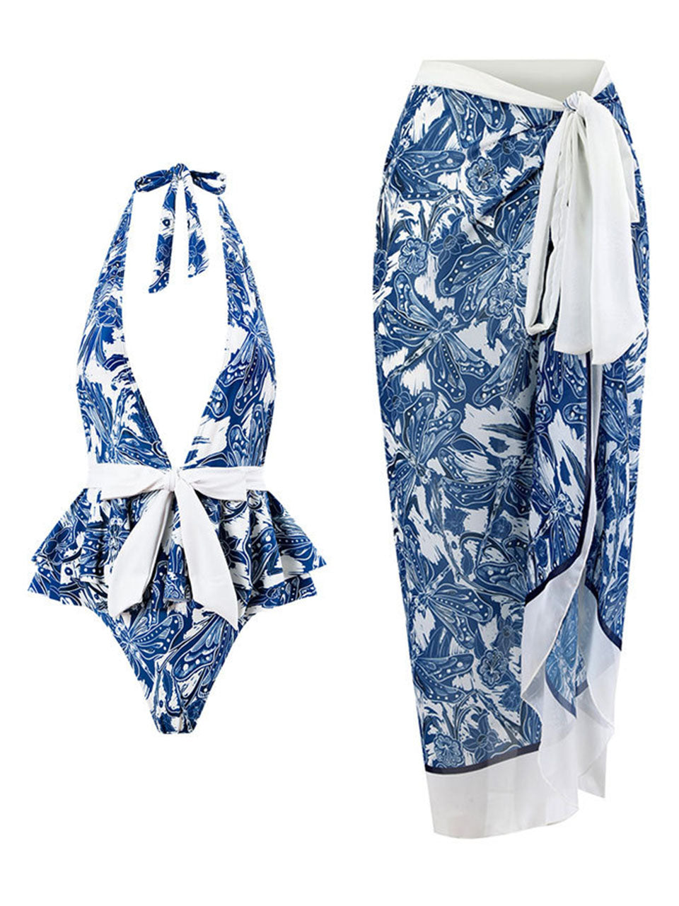 Blue Dragonfly Print V Neck One Piece With Bathing Suit Wrap Skirt