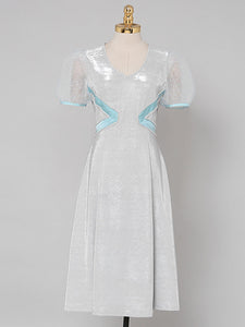 Baby Blue Sweet Heart Collar Puff Sleeve Pearl 50S Vintage Swing Dress