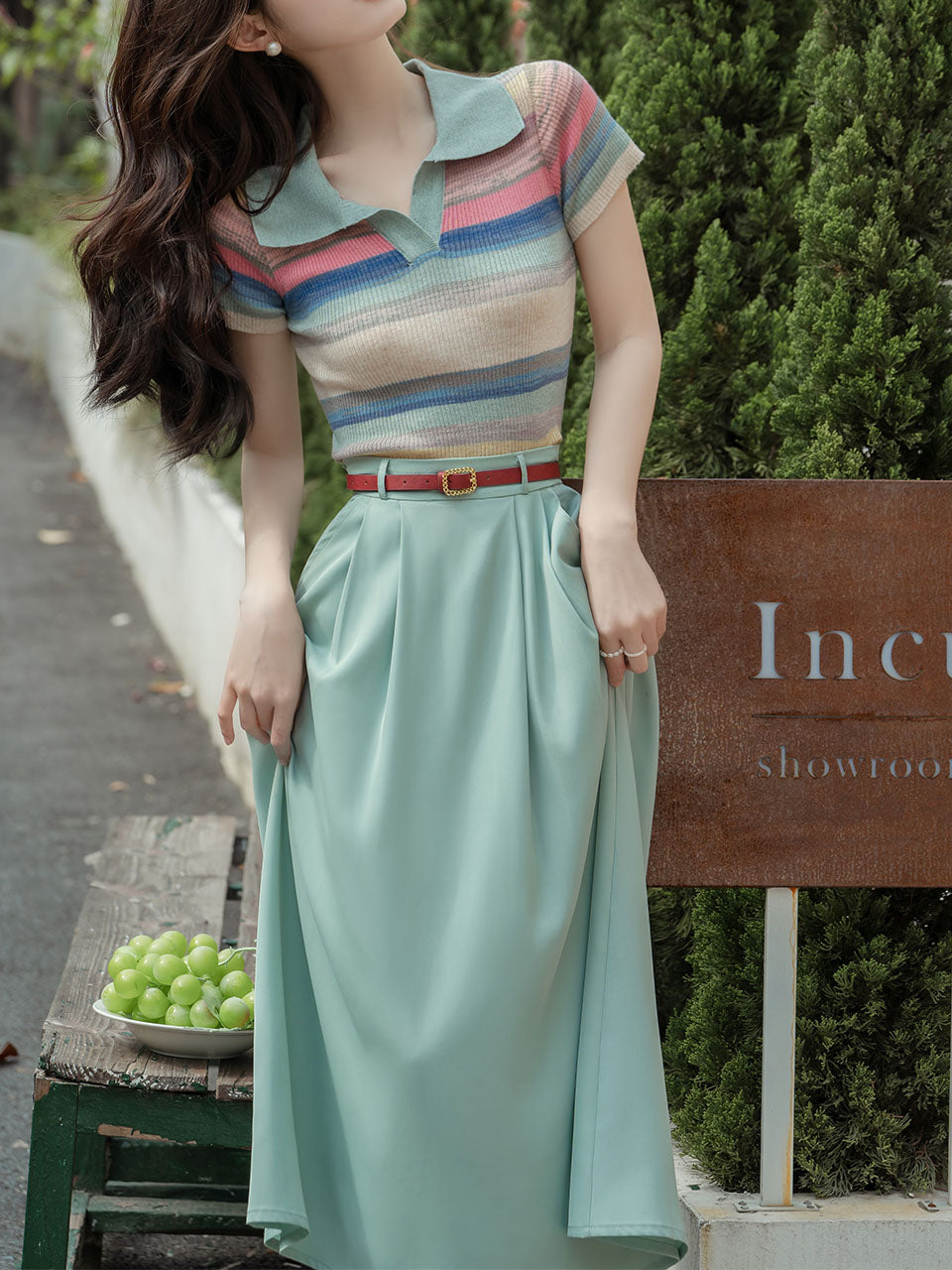 2PS Green Stripe Knitted Lapel Shirt And Swing Skirt Dress Set