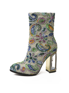 10CM Luxury Embroidered Chunky High Heel Platform Bootie Vintage Shoes