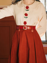 Load image into Gallery viewer, 2PS Rose Embroidered Peter Pan Blouse And Red Swing Skirt Dresss Set