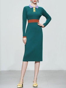 1940S Green High Waist Knitted Sweater Long Sleeve Vinatge Dress