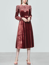 Load image into Gallery viewer, Red Crew Neck Velvet Puff Sleeve 1950S Vintage Dress With Belt