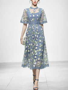 Blue Embroidery Daisy Lace Neck Maxi Dress