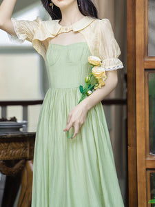 2PS White Cape With Green Spaghetti Strap 1950S Dress Set