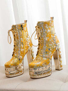 15CM Luxury Embroidered Chunky High Heel Platform Bootie Vintage Shoes