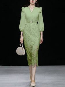 Green V Neck  3/4 Sleeve Lace 1960S Dress