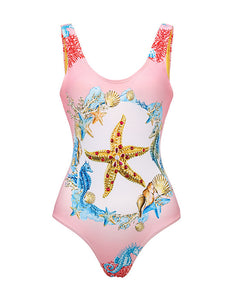 2PS Starfish Print One Piece With Bathing Suit Swing Skirt