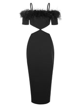 Load image into Gallery viewer, Black Spaghetti Strap Feather Off The Shoulder Bodycon Dress Sexy Gown Party Dress