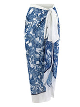 Load image into Gallery viewer, Blue Dragonfly Print V Neck One Piece With Bathing Suit Wrap Skirt