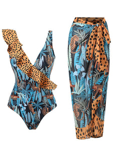 Blue Leopard Print V Neck One Piece With Bathing Suit Wrap Skirt