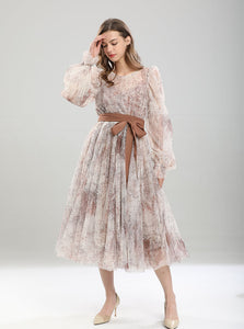 Retro Palace Puffed Sleeves Lace Tulle Print Vintage Swing Dress