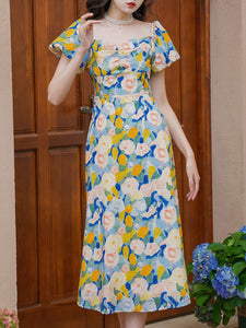 Yellow And Blue Floral Print Off Shoulder 1950S Dress