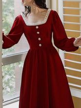 Load image into Gallery viewer, Red Pearl Lace Long Sleeve Square Collar Swing Party Dress