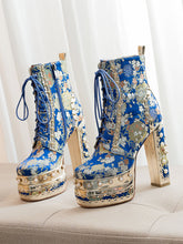 Load image into Gallery viewer, 15CM Luxury Embroidered Chunky High Heel Platform Bootie Vintage Shoes