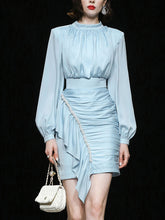 Load image into Gallery viewer, Blue Lantern Long Sleeve Crinkled Bodycon Satin Party Dress