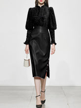 Load image into Gallery viewer, 2PS Black 1950S Vintage Mandarin Collar Classic Top And Black Pu Skirt Suit