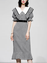 Load image into Gallery viewer, Black And White Plaid Mermaid Dress With Large Lapel Puff Sleeves