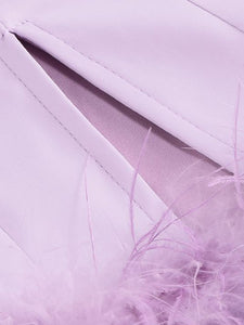 Purple Spaghetti Strap Satin Feather Hem Bodycon Dress Sexy Gown Party Dress