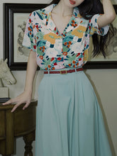 Load image into Gallery viewer, 2PS Blue Flowers Print Shirt And Swing Skirt Dress Set