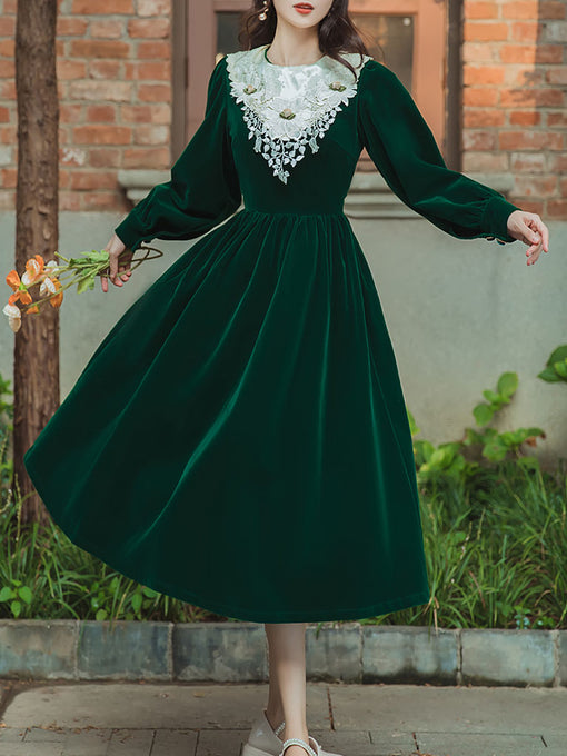 Emerald Green Flower Lace Velvet Long Sleeve Vintage Dress