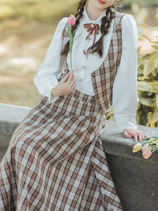 3PS White Long Sleeve Shirt With Brown Plaid Print Vest And Skirt Suits