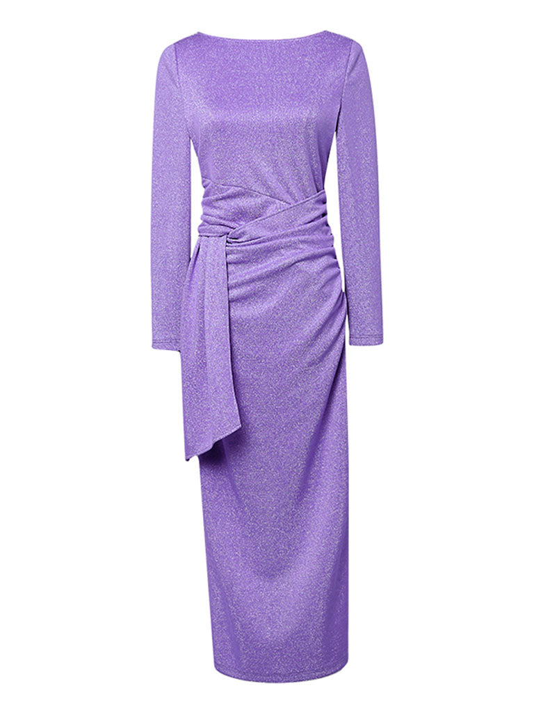 Electric Violet Crew Collar Long Sleeve Sequins Pleated Knitted Sweater Dress