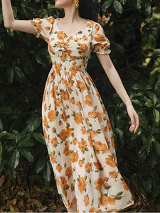 Orange Rose Sweet Heart Collar Puff Sleeve 1950S Vintage Dress